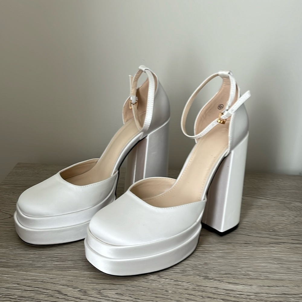 Women’s Platform White Chunky High Block Heels Party Wedding Dress Pump Shoes